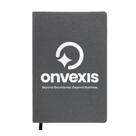 A grey notebook with a logo on the cover and a black ribbon bookmark.