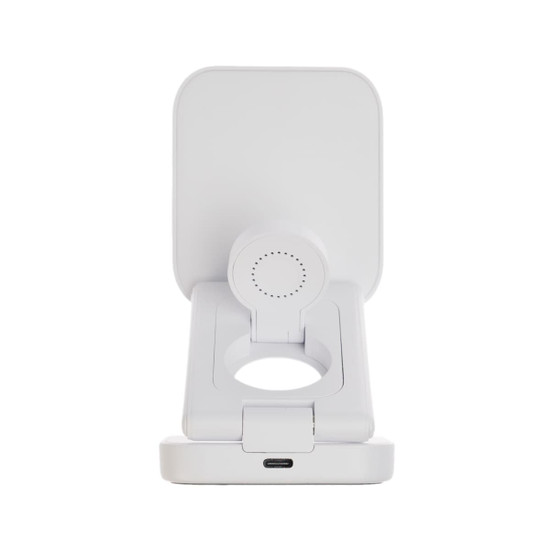 A white Spartan 3-in-1 wireless charger with a sleek design and a circular charging area.