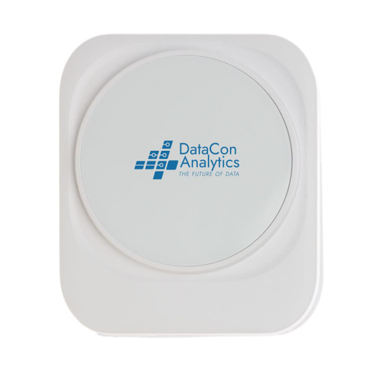 A white wireless charger featuring a round charging pad and a brand logo in the center.