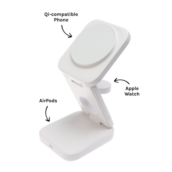 A compact white 3-in-1 wireless charger for a phone, Apple Watch, and AirPods, featuring a logo on the base.