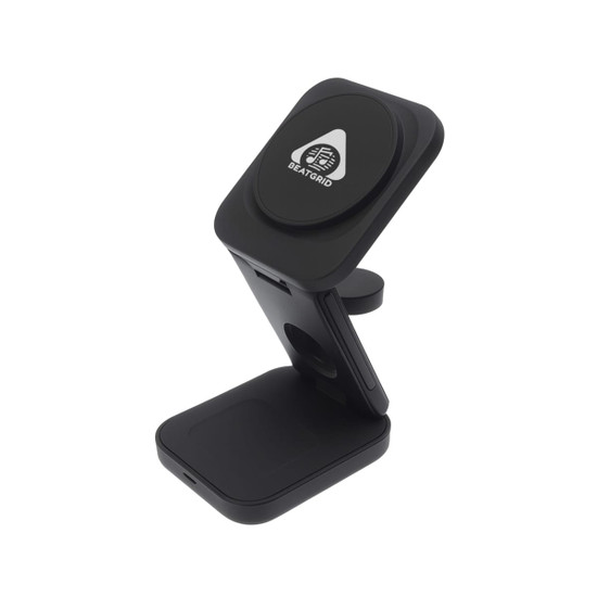 A black 3-in-1 wireless charger with a stand and a logo, suitable for charging multiple devices.