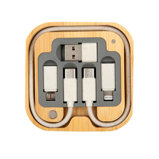 A bamboo charger set featuring multiple charging cables in grey and white, neatly organized in a compact design.