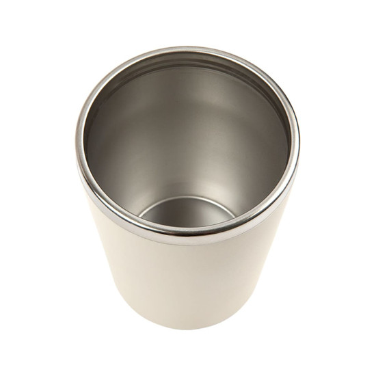 A double wall coffee cup in stainless steel featuring a sleek, cylindrical design and a smooth interior.