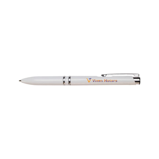 A white pen with a silver clip and accents, featuring a logo.