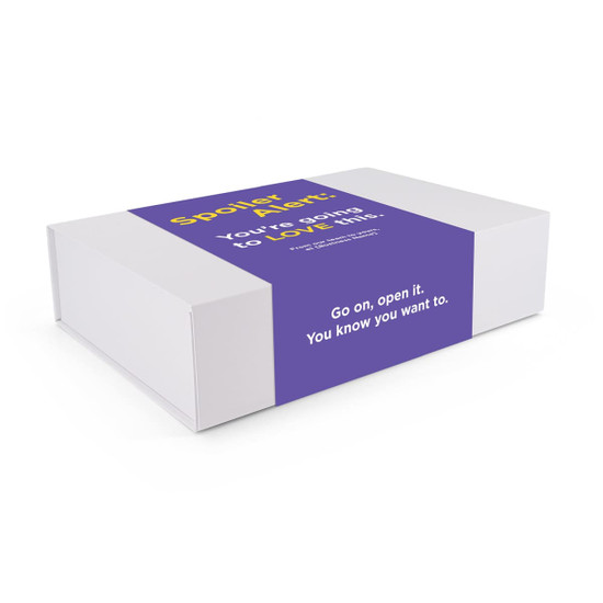 A white box with a purple band around it, featuring playful text and a logo.