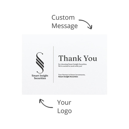 A white thank you card with a logo and space for a custom message, featuring black text and a minimalist design.
