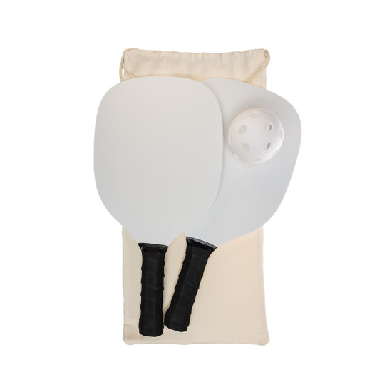 A Pickleball set featuring two paddles and a ball, all neatly packaged in a canvas storage bag.
