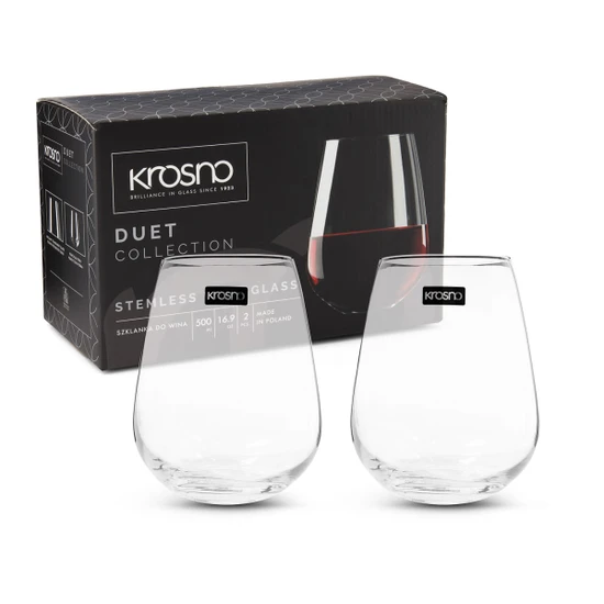 A set of two clear stemless wine glasses in front of a branded box, featuring a sleek design.