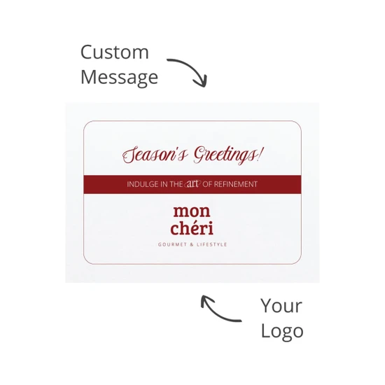 A white card featuring a festive greeting with a red accent and space for a custom message. Includes a logo.