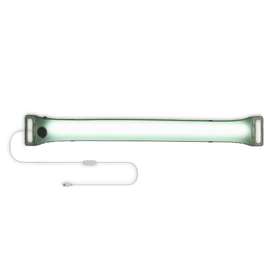 A foldable camp light in green with a USB charging cable attached. It has a sleek, elongated design.