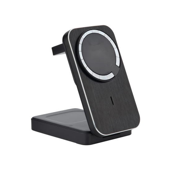 A wireless charger in black with a sleek design, featuring a circular charging pad and a stand.