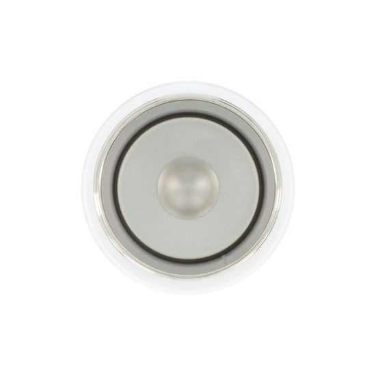 A drink bottle cap with a metallic finish, featuring a central dome and a clean white outer rim.