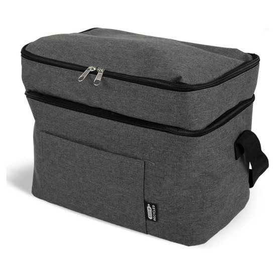 A grey insulated cooler bag with a zippered top and a front pocket, featuring a handle for easy carrying.