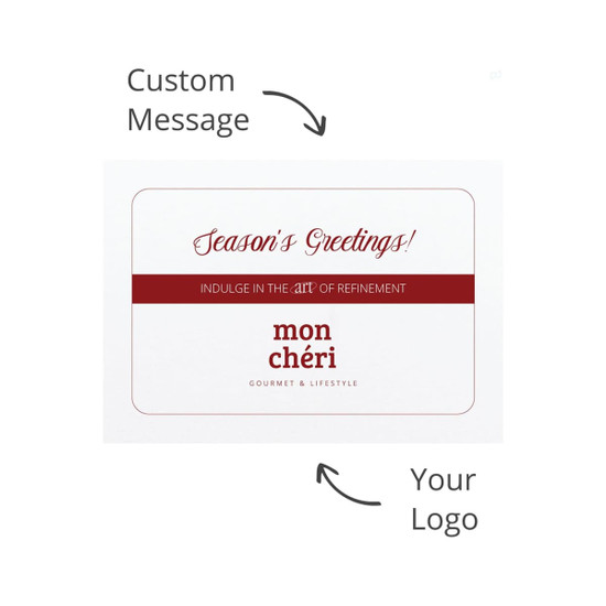 A promotional greeting card featuring a red and white design with space for a custom message and a logo.