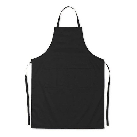A black cotton apron with a pocket and ties on either side. It features a plain design and includes a logo.