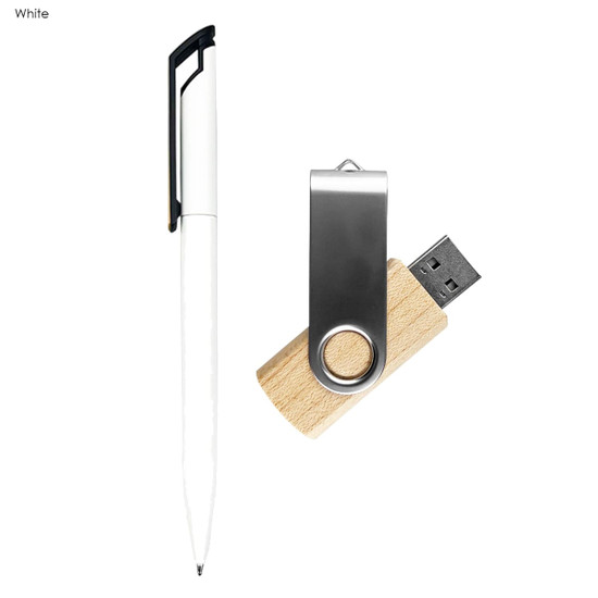 A white pen and a wooden USB drive with a metal clip, both part of the Sunrise Gift Set.