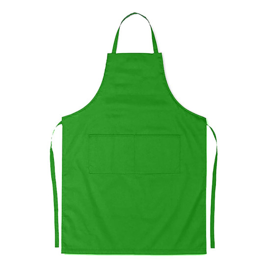A green junior cotton apron with a pocket, designed for ages 4-7, featuring ties for fastening.
