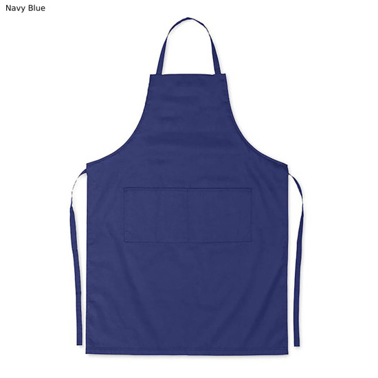 A navy blue cotton apron featuring a pocket and adjustable ties, designed for workwear use.