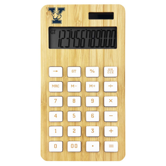 A bamboo calculator with an LCD display and white buttons, featuring a logo at the top.