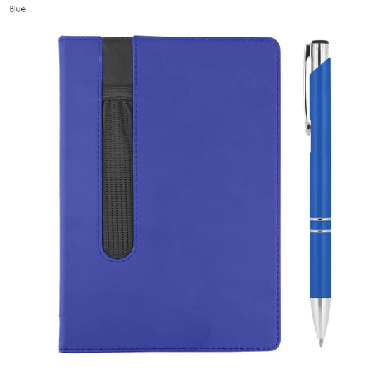 A blue notebook with a pocket and a matching blue pen, featuring a logo.