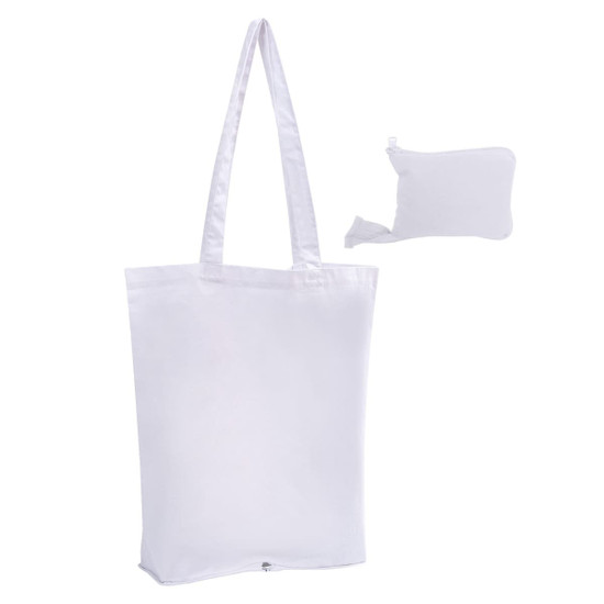 A white foldable calico tote bag with long handles, alongside a compact pouch for storage.