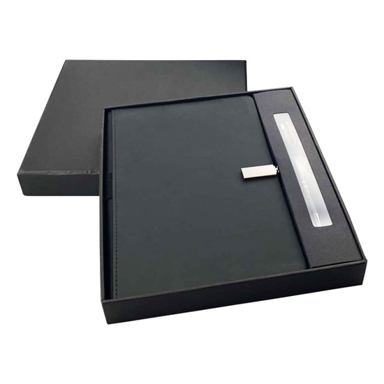 A black notebook and pen gift set presented in a sleek black box, featuring a stylish closure and an accompanying pen.