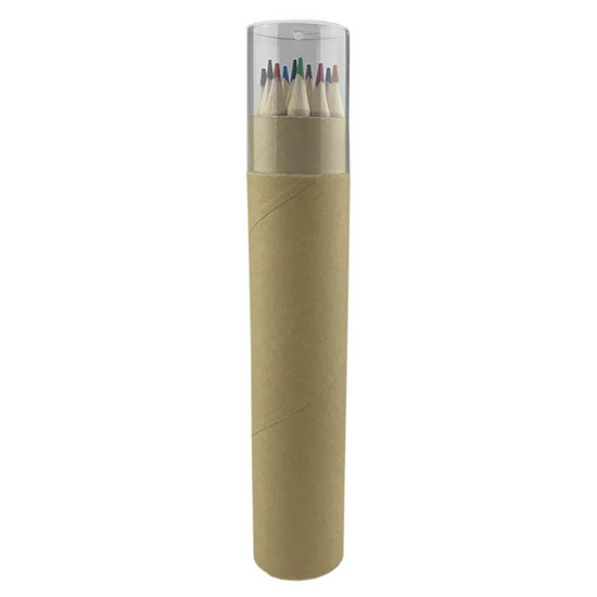 A cylindrical tube containing coloured pencils with a clear lid, showcasing various colours arranged neatly inside.