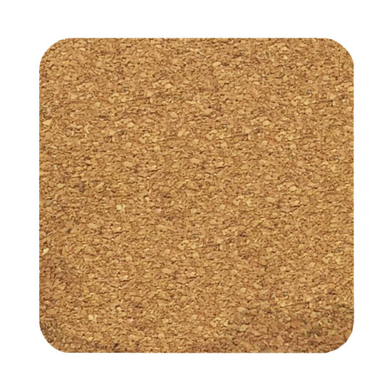 A square cork coaster in a natural tan colour with a textured surface. It features a branding logo.