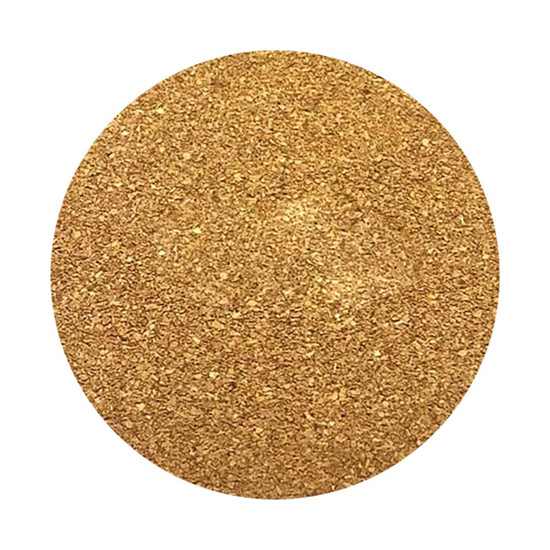 A round cork coaster with a textured, golden surface, featuring a branding logo.