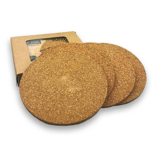A round set of four natural cork coasters in a brown cardboard box, featuring a simple design.