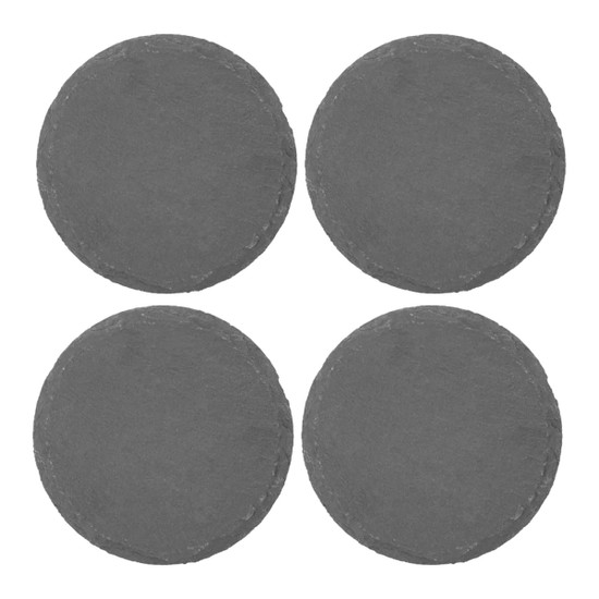 A set of four round slate coasters in dark grey, featuring a textured edge.