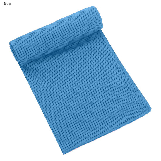 A blue cooling towel with a textured surface, rolled partially to display its length. The towel features a logo.