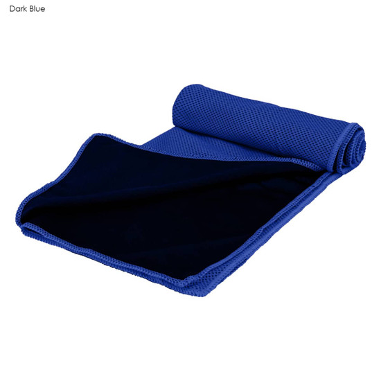 A dark blue cooling towel, rolled and featuring a textured surface on one side and a smooth finish on the other.