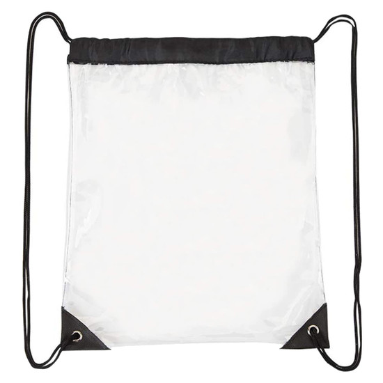 A clear drawstring backpack with black accents and corners, featuring adjustable straps and a simple design.