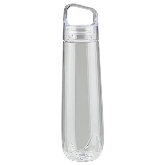 A drink bottle in a clear, transparent design with a simple handle and a screw-on lid, featuring a logo.