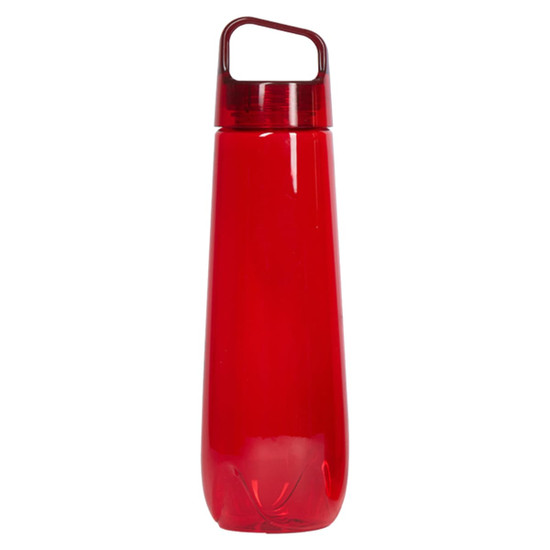A drink bottle in a vibrant red colour with a curved design and a handle. It features a logo on the body.