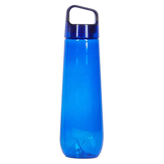 A drink bottle in a bright blue colour with a handle and a transparent design. It has a logo on the side.