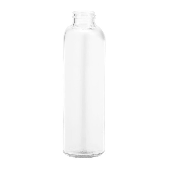 A drink bottle made of clear glass with a simple, cylindrical shape and a narrow neck.