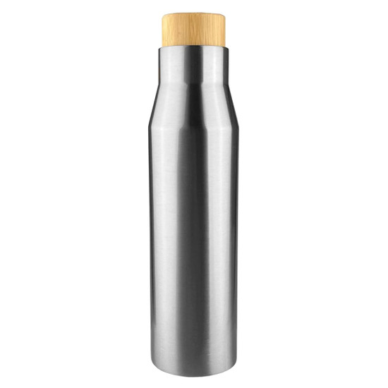 A drink bottle with a sleek stainless steel body and a natural bamboo cap. It features a logo on the surface.