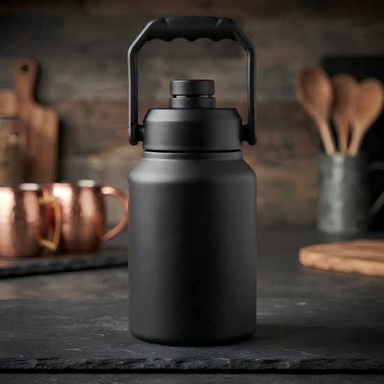 A drink bottle in matte black with a sturdy handle, set against a rustic kitchen backdrop.