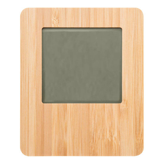 A bamboo desk clock with a natural wood finish and a square green clock face. It features a logo.