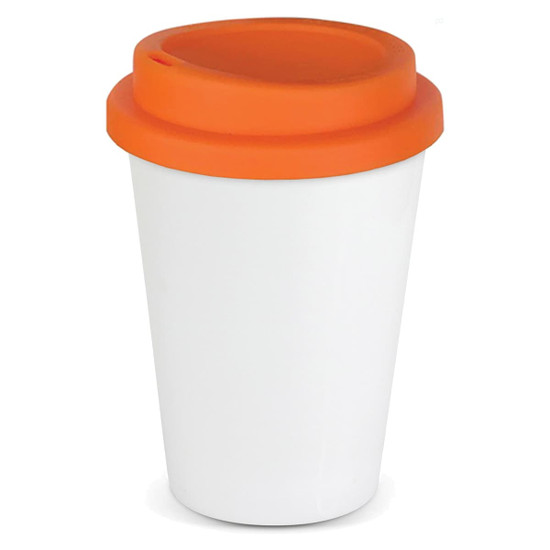 A drink bottle featuring a white body and an orange lid, designed as a reusable coffee cup.