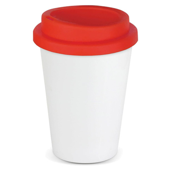 A reusable coffee cup featuring a white body and a red silicone lid, complete with branding.