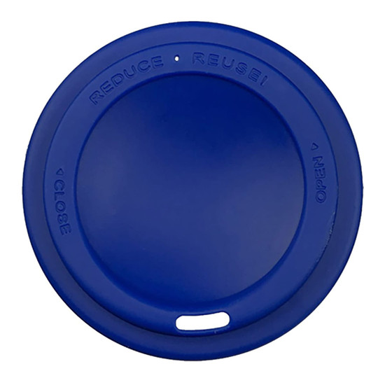 A drink lid in blue, designed for a reusable coffee cup, featuring an opening and a small hole.