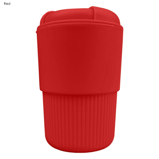 A red reusable coffee cup with ribbed detail and a matching lid. It features a logo on the surface.