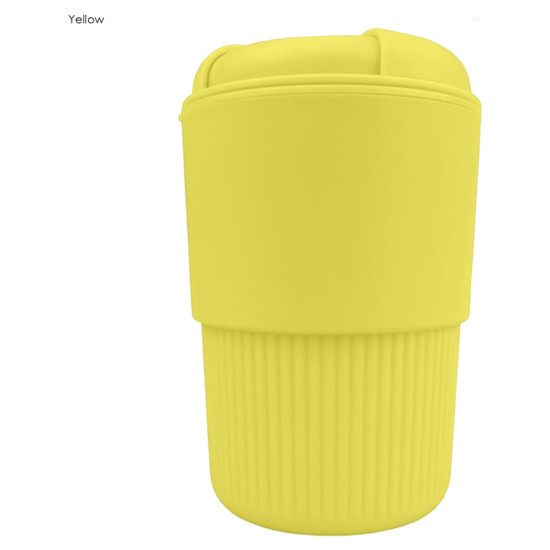 A drink bottle in bright yellow with a ribbed texture and a secure lid, featuring a logo.