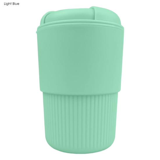 A drink bottle in light blue with a ribbed design and a secure lid, featuring a logo on the surface.