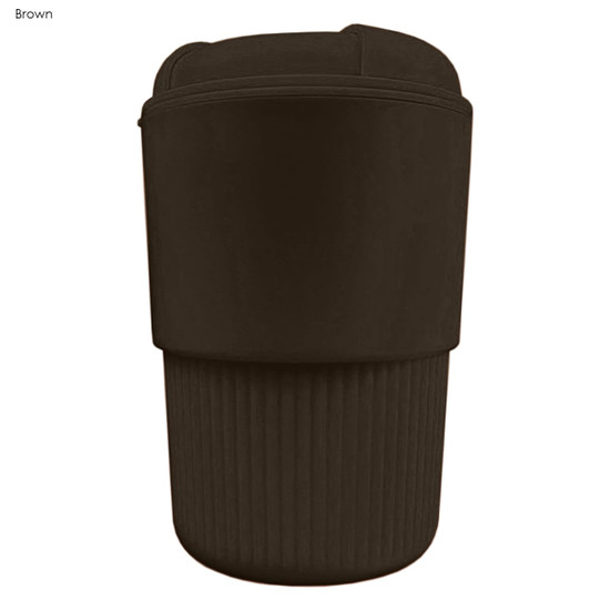 A drink bottle in brown with a ribbed exterior and a logo on its surface. Reusable coffee cup design.