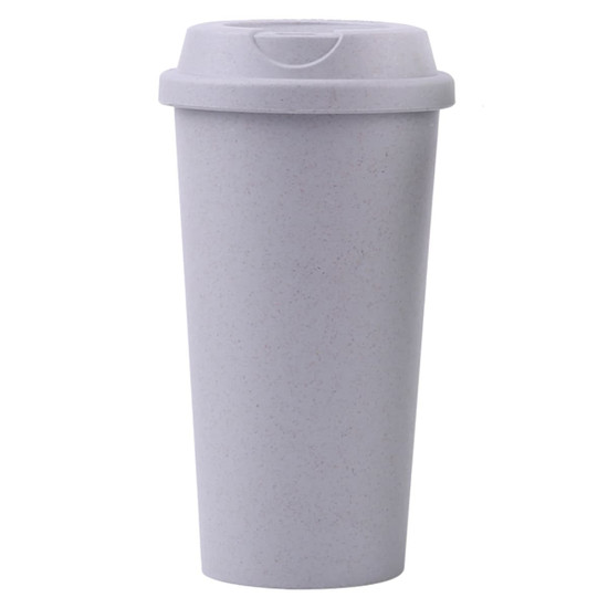 A reusable coffee cup in light grey with a fitted lid. It features a branding logo on the side.