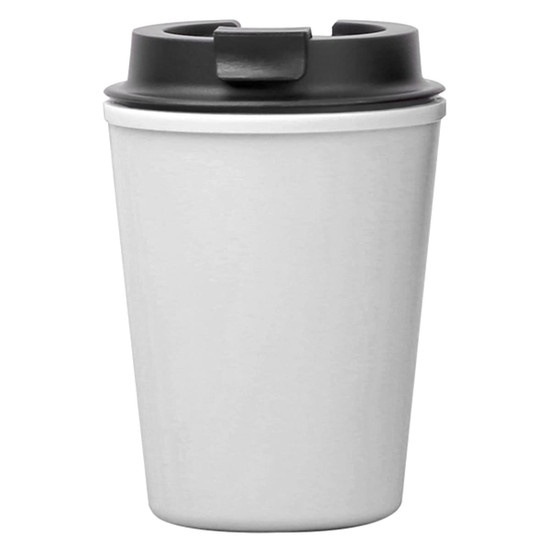 A reusable coffee cup in white with a black lid, featuring a logo. Ideal for eco-friendly beverages.